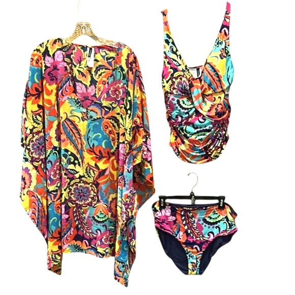 Tahari Lux 3 pc Swimwear Collection Large Multicolor Tropical Print - Picture 1 of 14